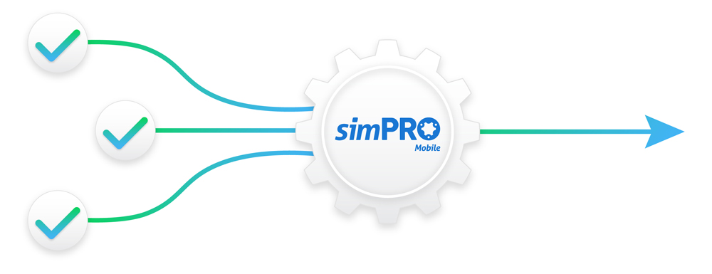 Lines flowing from checked tasks into Simpro Mobile and beyond
