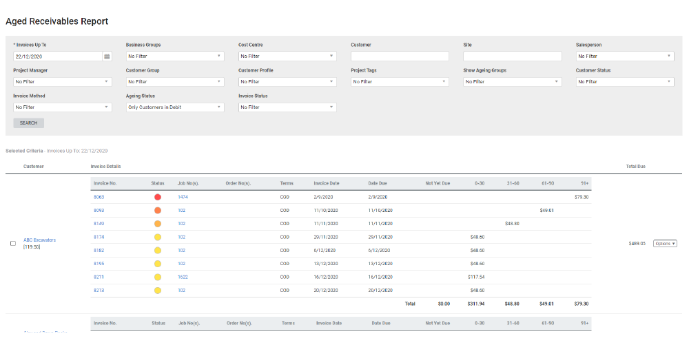 A screenshot of an aged receiveables report from within Simpro Premium