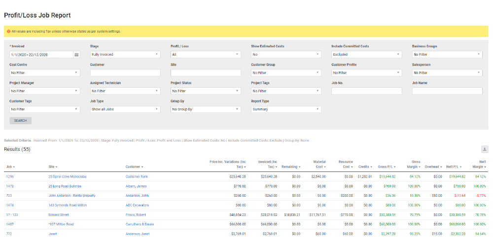 A screenshot of a job WIP report from within Simpro Premium