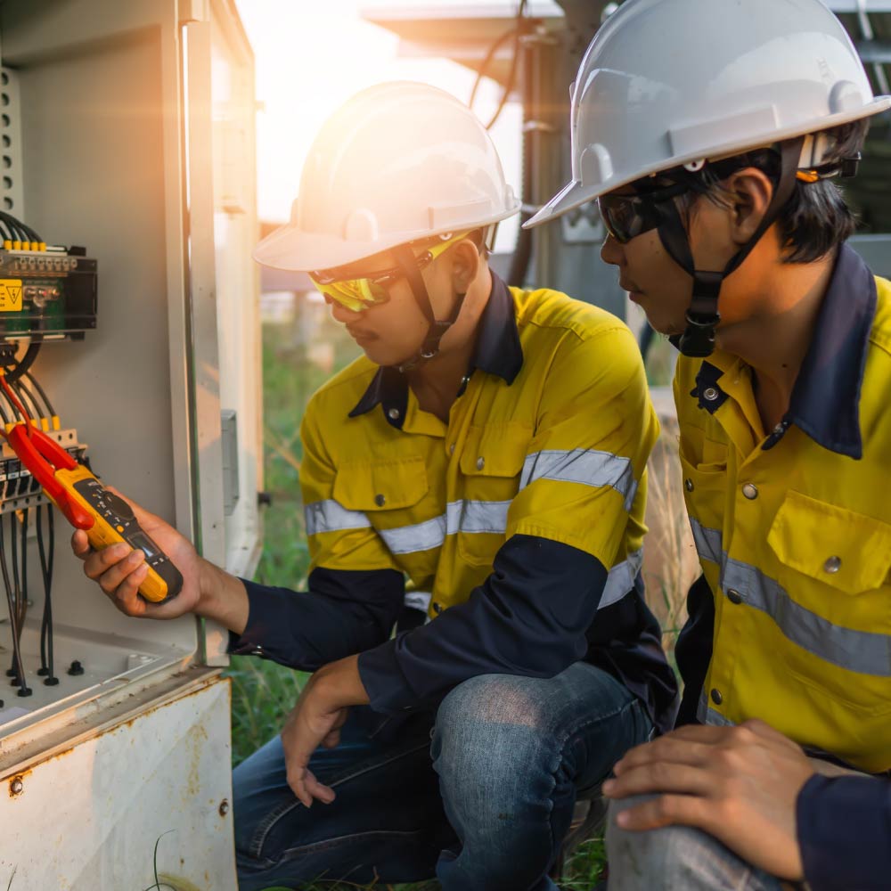 Two men wearing high visibility jackets and hard hats performing a maintenance task