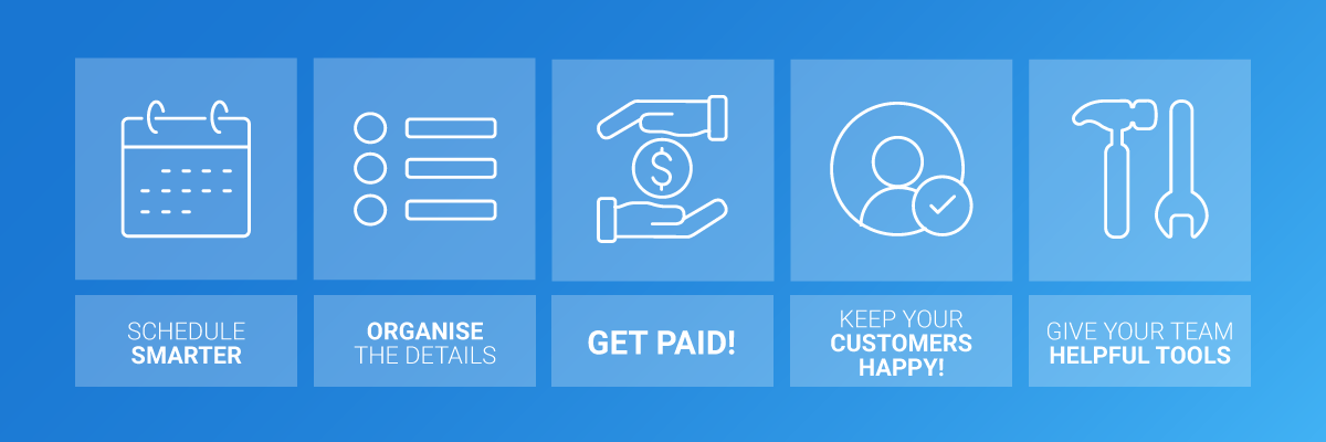 A horizontal box showing a scheduling icon, task list icon, payment icon, happy customer icon, and HVAC tool icon