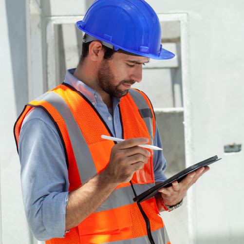 A person wearing a blue hard hat and an orange high visibility vest is holding a tablet device in one hand and a stylus in the other