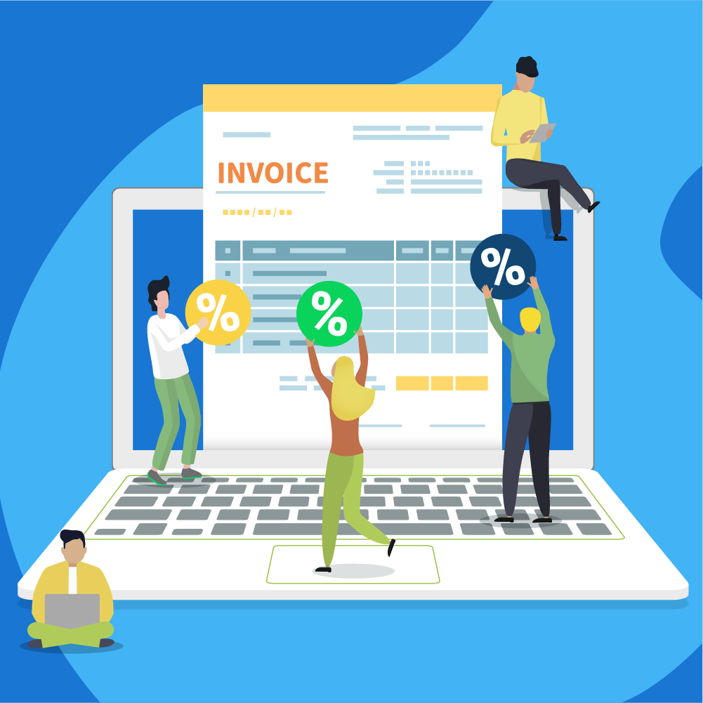 Illustration of multiple people adjustint inflation percentages on an invoice