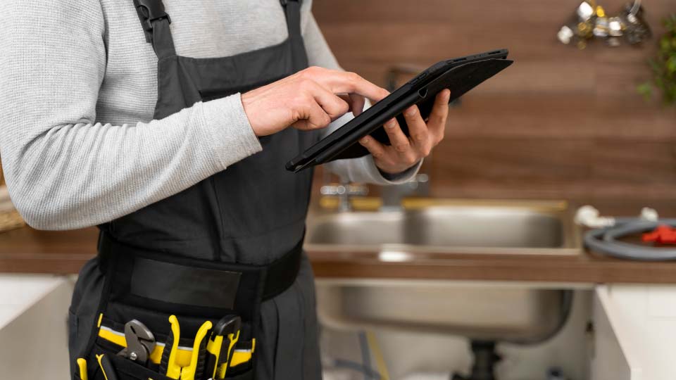 Person wearing toolbelt using tablet device