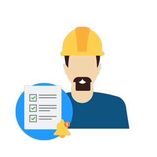 A checklist and bell inside a blue circle sits in front of a person with a brown beard wearing a yellow hard hat