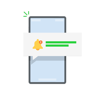 A mobile phone with a popup message extending off the screen that contains a yellow bell, the number 1 and green lines