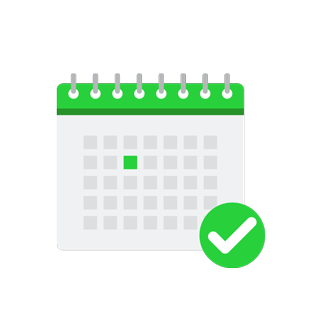A white tick in a green circle overlaid at the bottom right of a grey and green calendar page 