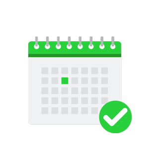 A white tick in a green circle overlaid at the bottom right of a grey and green calendar page