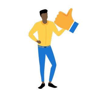 Illustration of a man wearing a yellow business shirt and blue trousers with a large thumbs up icon
