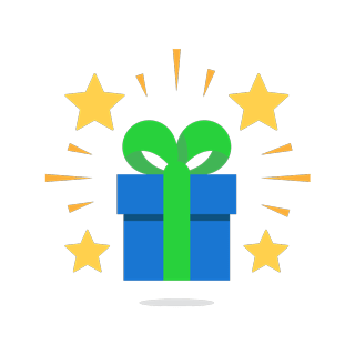 A blue gift box with green ribbon surrounded by yellow stripes and stars