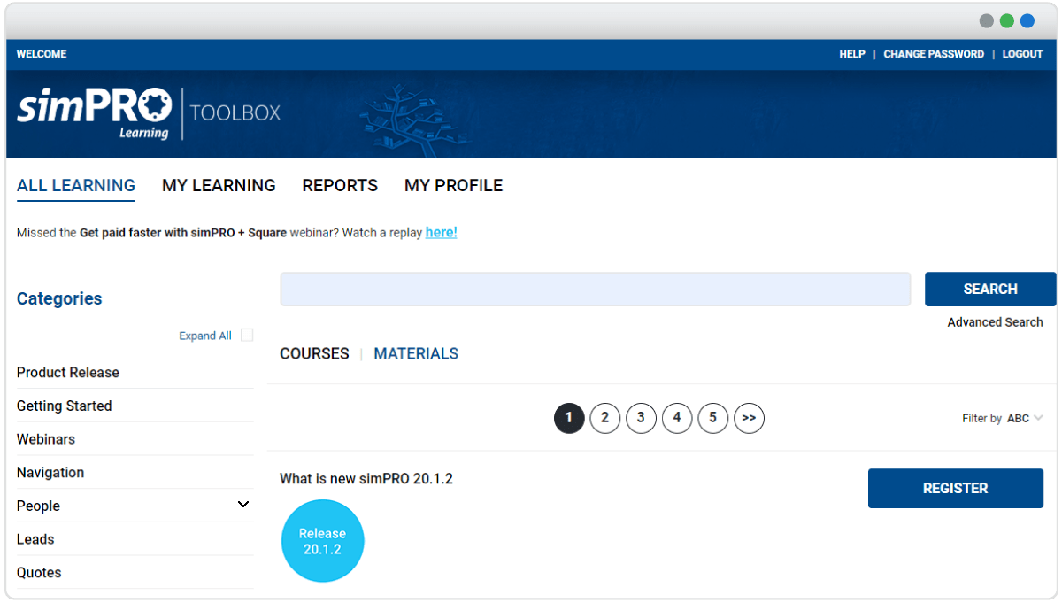 A screenshot of the first page of the Simpro Learning Toolbox showing different courses and learning materials. 