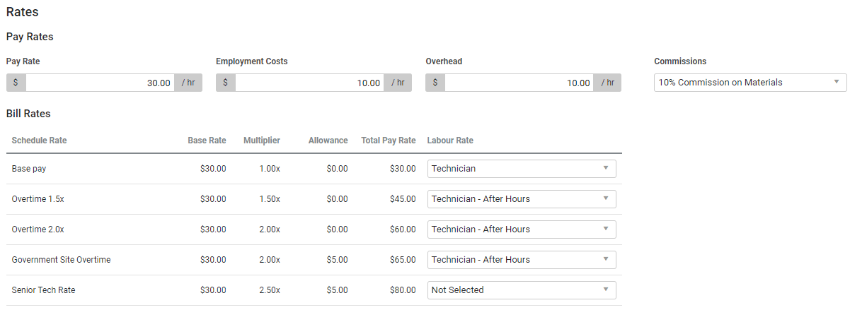 Screen shot of pay rates
