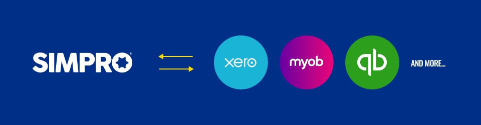 Composition of software logos showing Simpro integrates with Xero, MYOB, QuickBooks and more