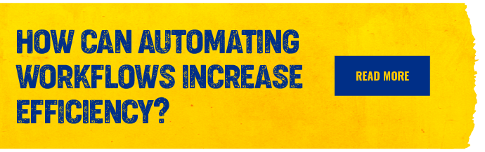 Yellow bar with blue button “read more” to read blog on how to automate workflows