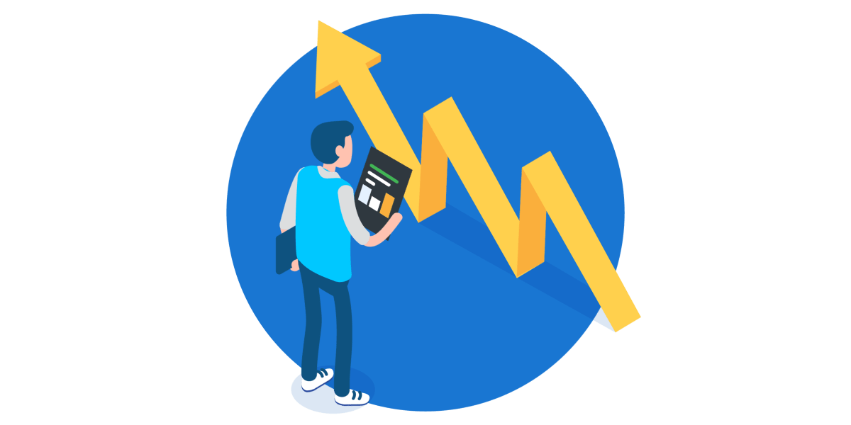 Businessman monitoring project data with a tablet and positive graphs