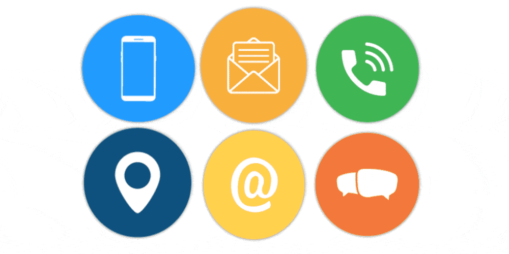 Six circles with mobile, email, phone, location, @ and speech bubbles showing different forms of communication