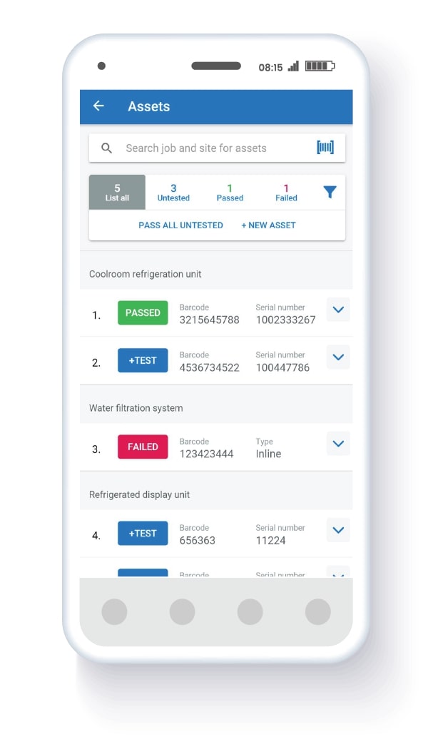 Simpro Mobile Assets feature screen showing Pass Fail test results