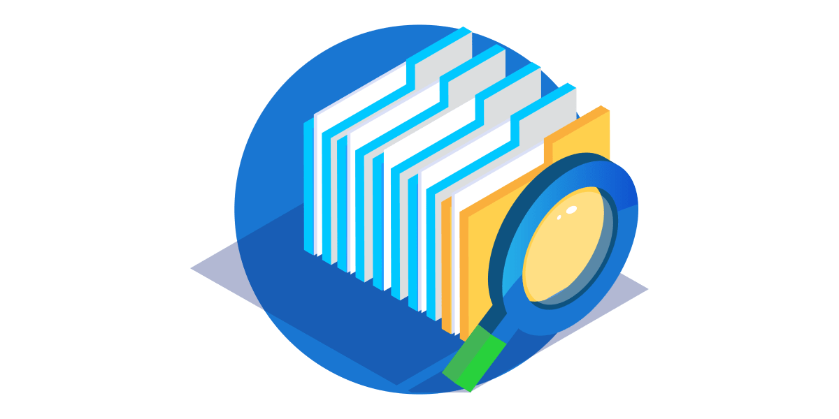 Record-keeping system showing files and magnifying glass