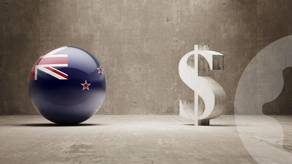 Artistic composition showing a sphere covered in the NZ flag and a dollar sign