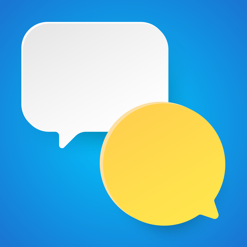 One circular speech bubble in yellow and one rectangular messaging icon in white against a blue background