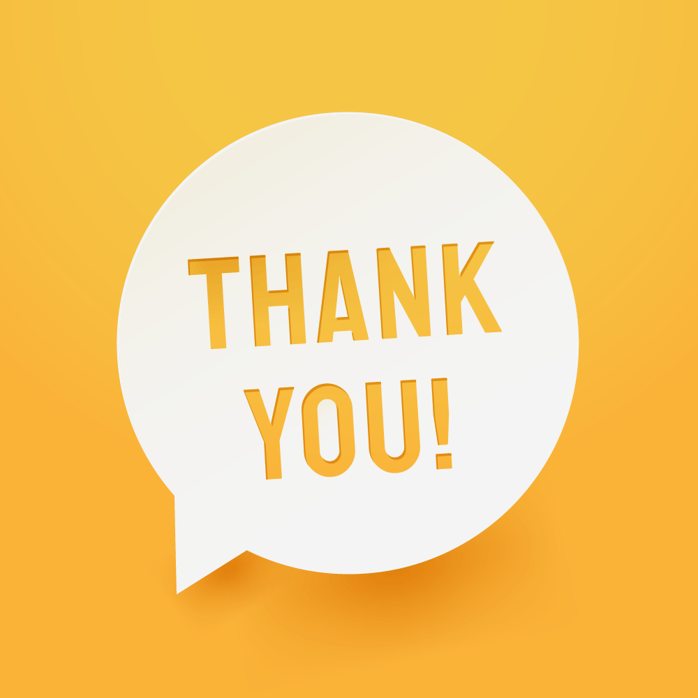 A white speech bubble with the text ‘thank you’ inside against a yellow background
