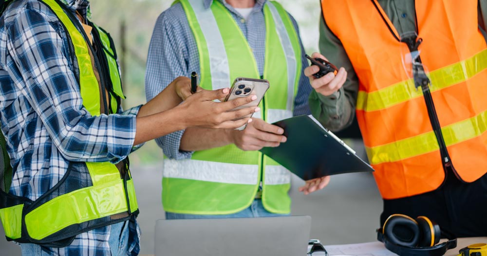 Three people wearing high visibility jackets looking at a mobile device