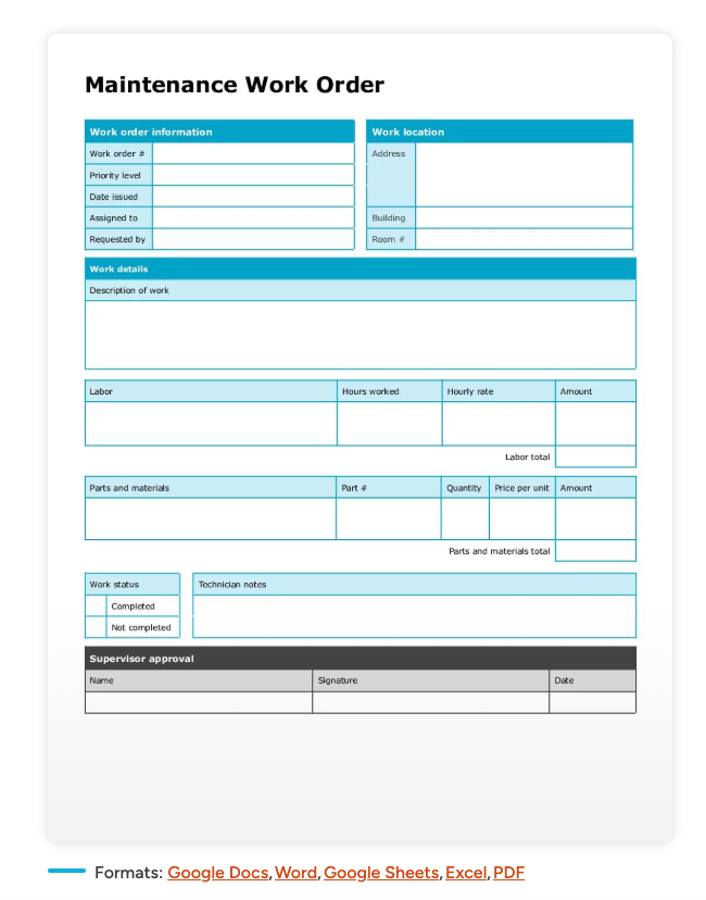 An example of a work order template