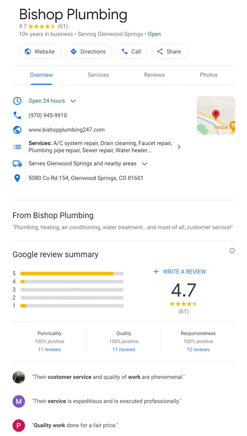 Google Reveiws for Bishop Plumbing