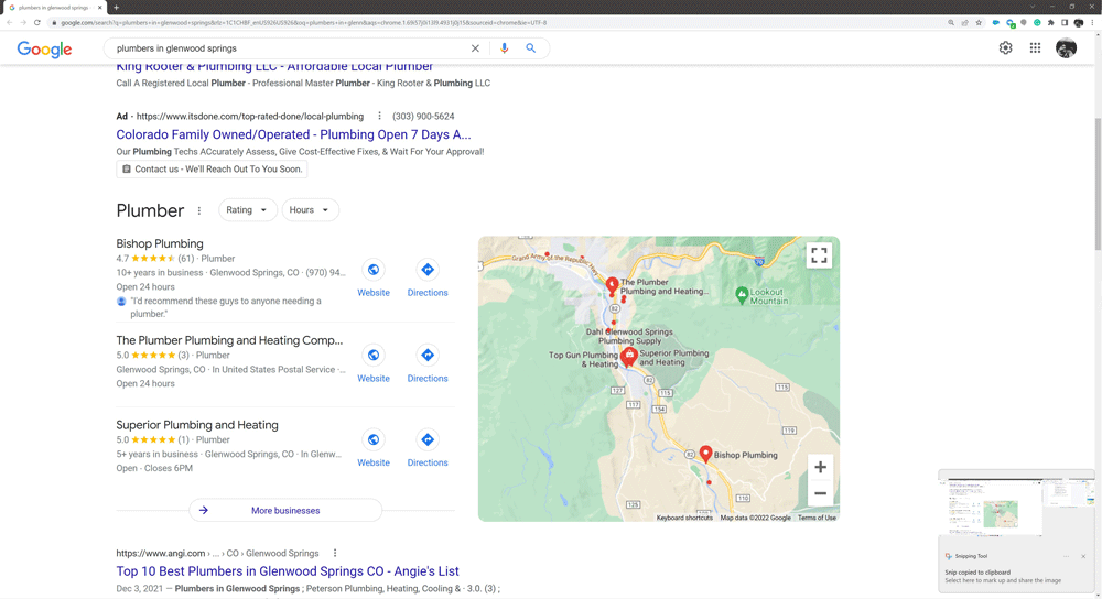 A google search for plumbers in glennwood springs