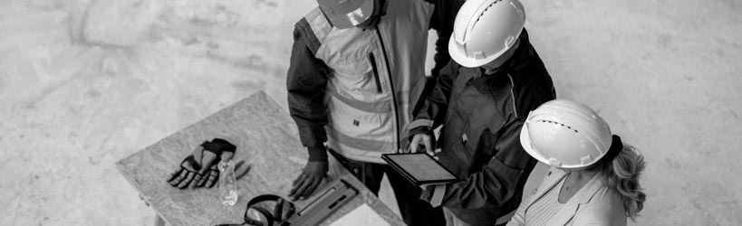 top down shot of 3 people at a job site using a tablet device