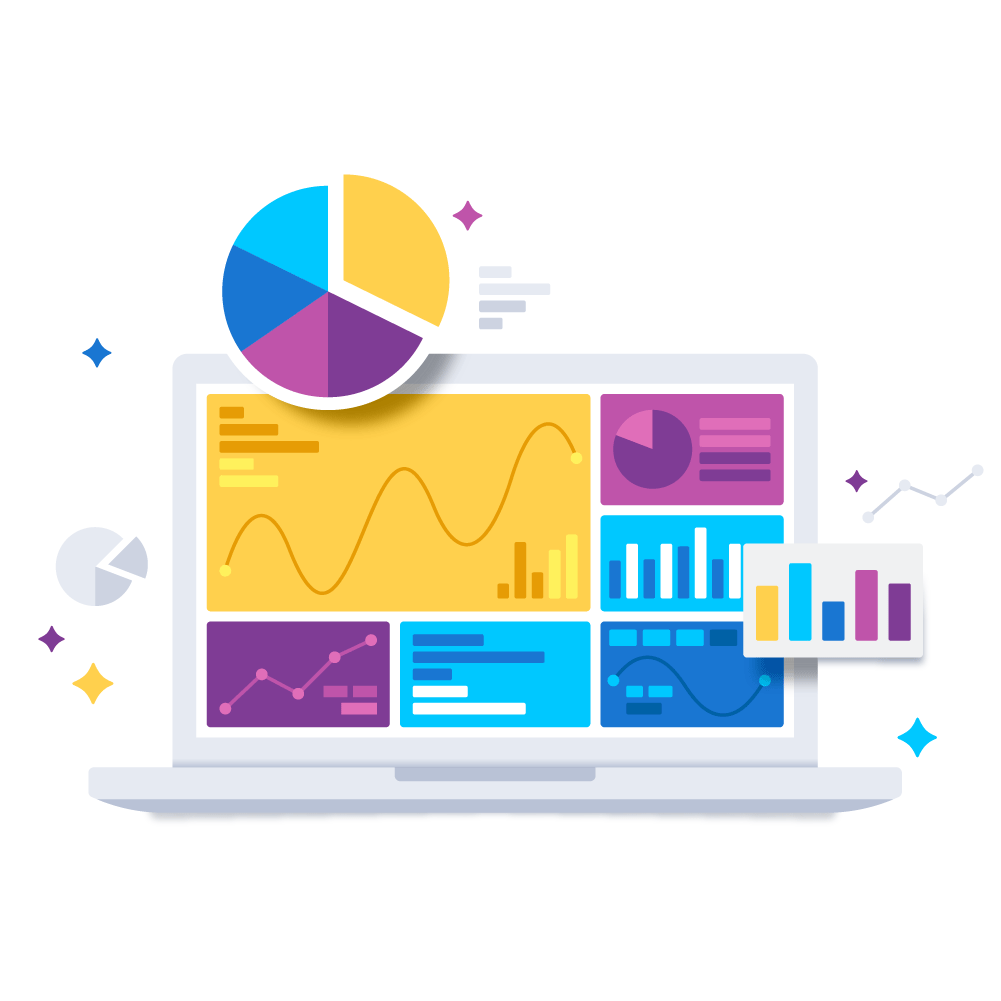 Illustration showing pie charts, bar graphs and line graphs