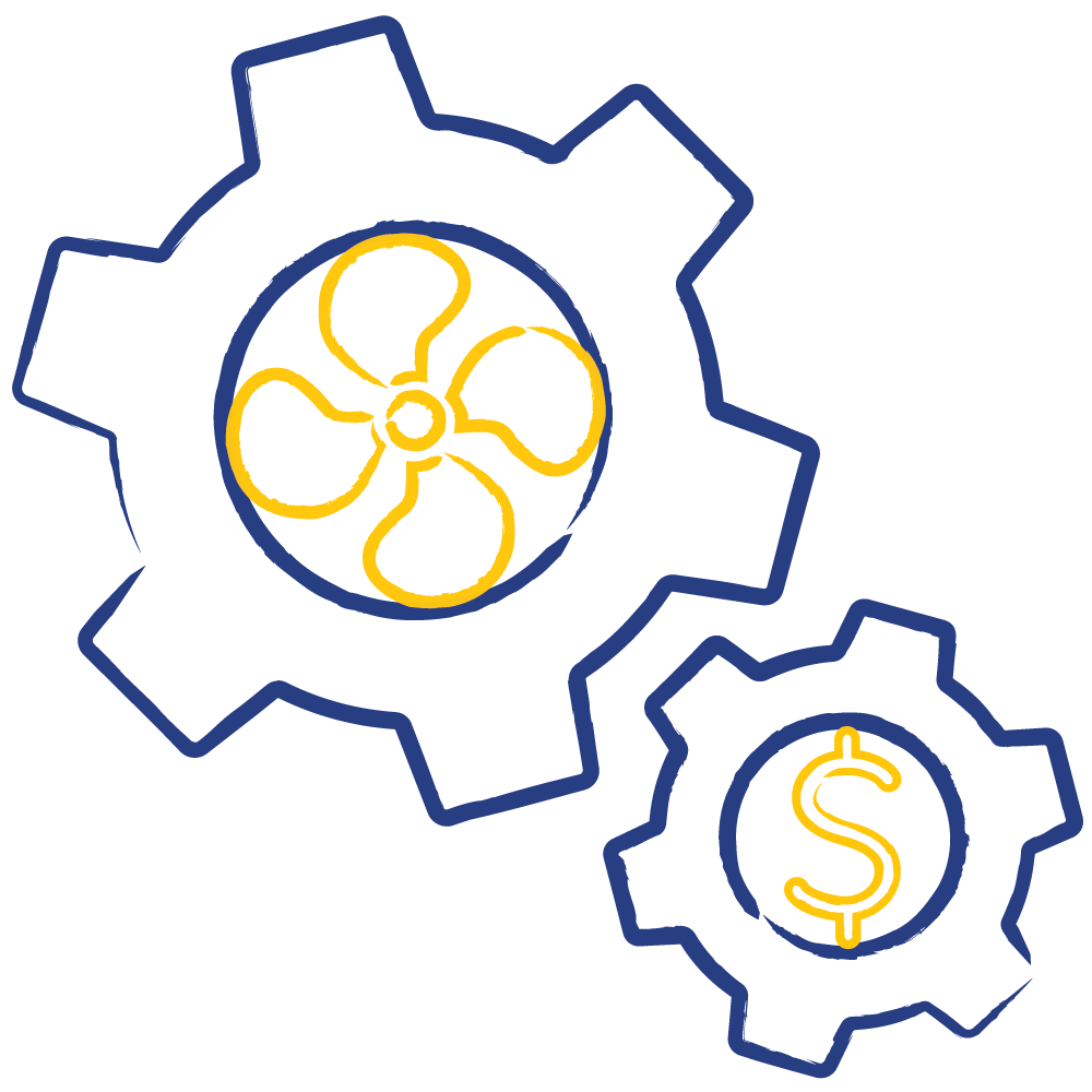 Illustration showing two cogs with one featuring a dollar sign in the centre and the other featuring a fan wheel