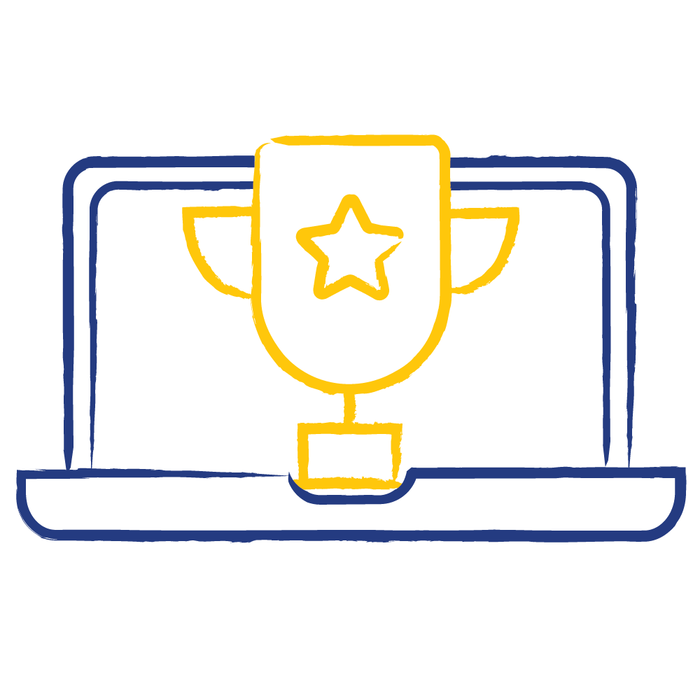 Illustration showing a laptop and a large winner’s trophy with a star in the centre
