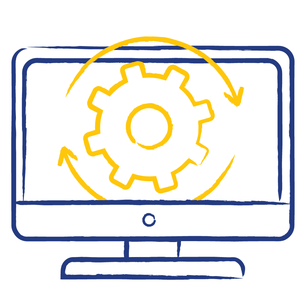 Illustration showing a monitor with a cog wheel in the centre and two arrows in circular pattern