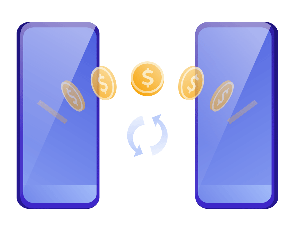 Illustration showing two mobile devices side by side with coins going between them