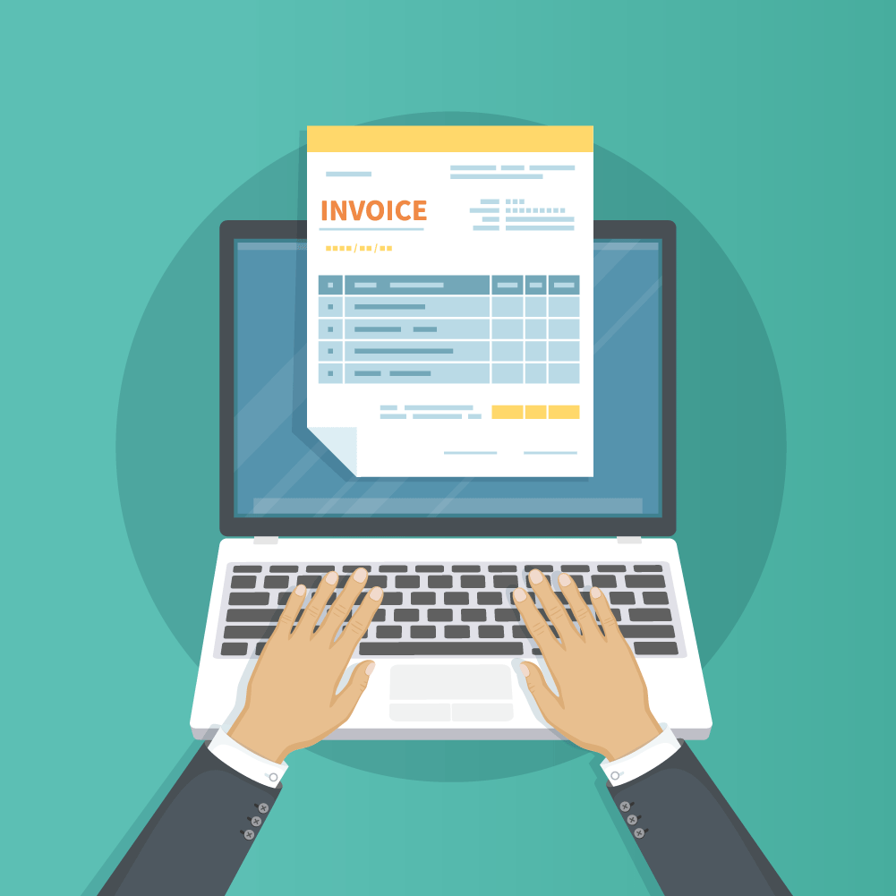 Illustration showing an invoice on a laptop screen and two hands can be seen over the keyboard