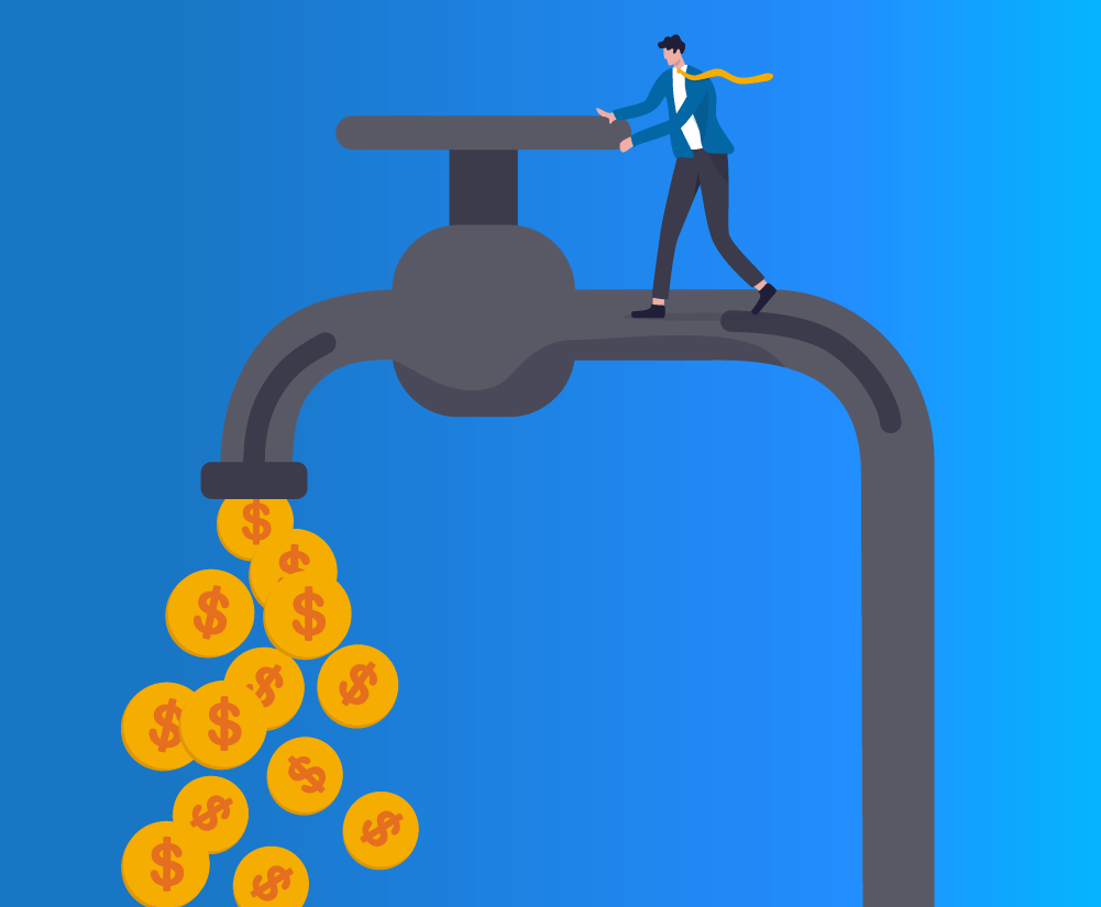 Illustration showing a person standing on a large black tap with money pouring out of the spout