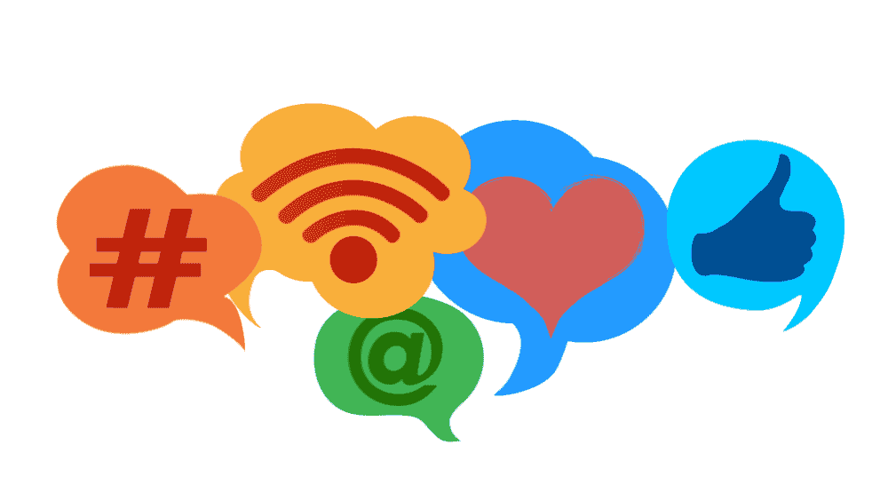 Individual speech bubbles showing a hashtag, wifi symbol, @, a cartoon heart and a thumbs-up