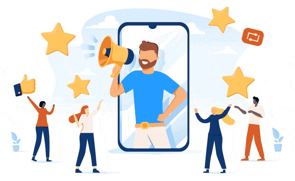 An oversized phone showing an influencer with a megaphone sharing reviews of a small business to four people 