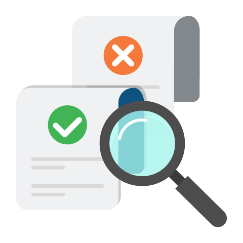 Illustration of failed and successful report cards under a magnifying glass