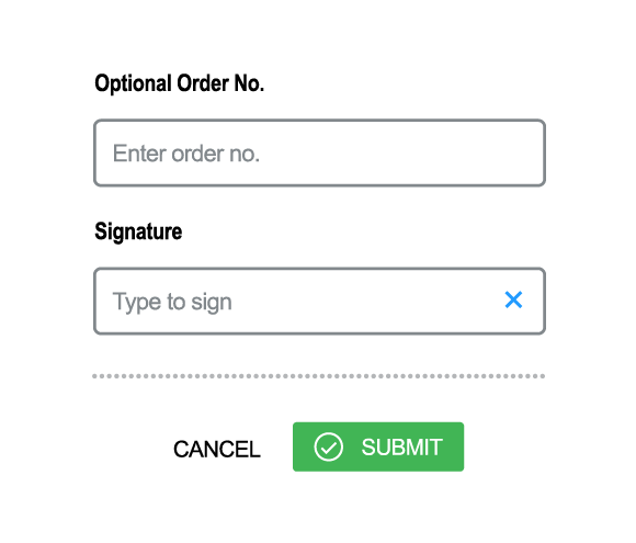 Screenshot of input fields for order number and customer signature