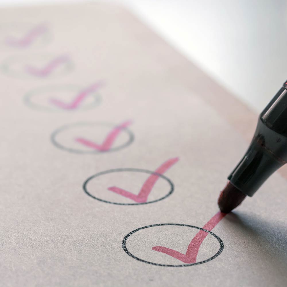 A checklist with tick marks in red pen
