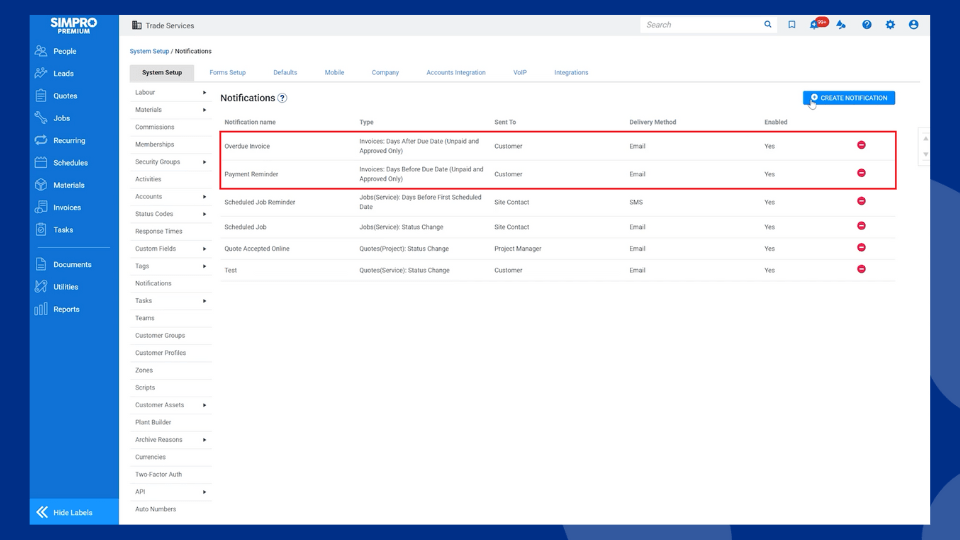 Simpro software screen showing payment reporting