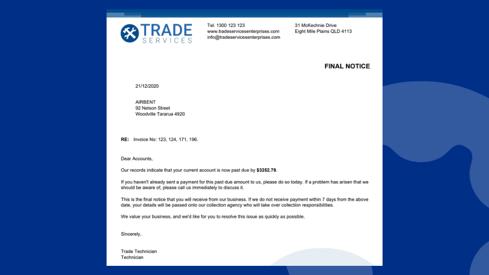 Sample Simpro software reminder template