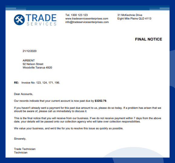 Sample Simpro software reminder template