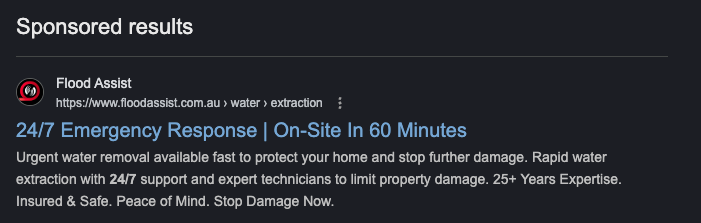 Example Google Ad for plumbing business