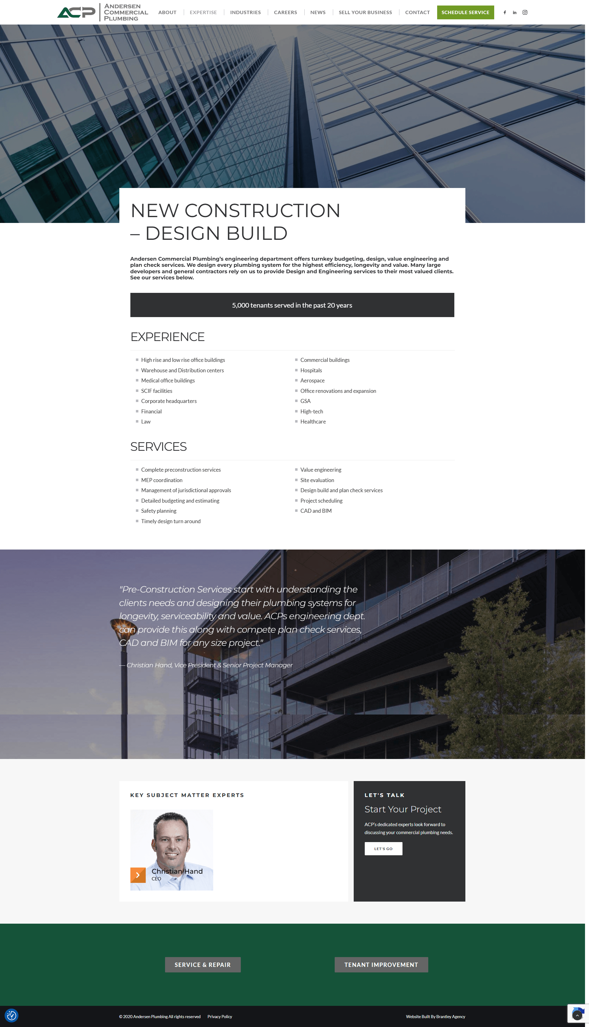 Andersen Commercial Plumbing homepage screenshot - preconstruction and BIM services