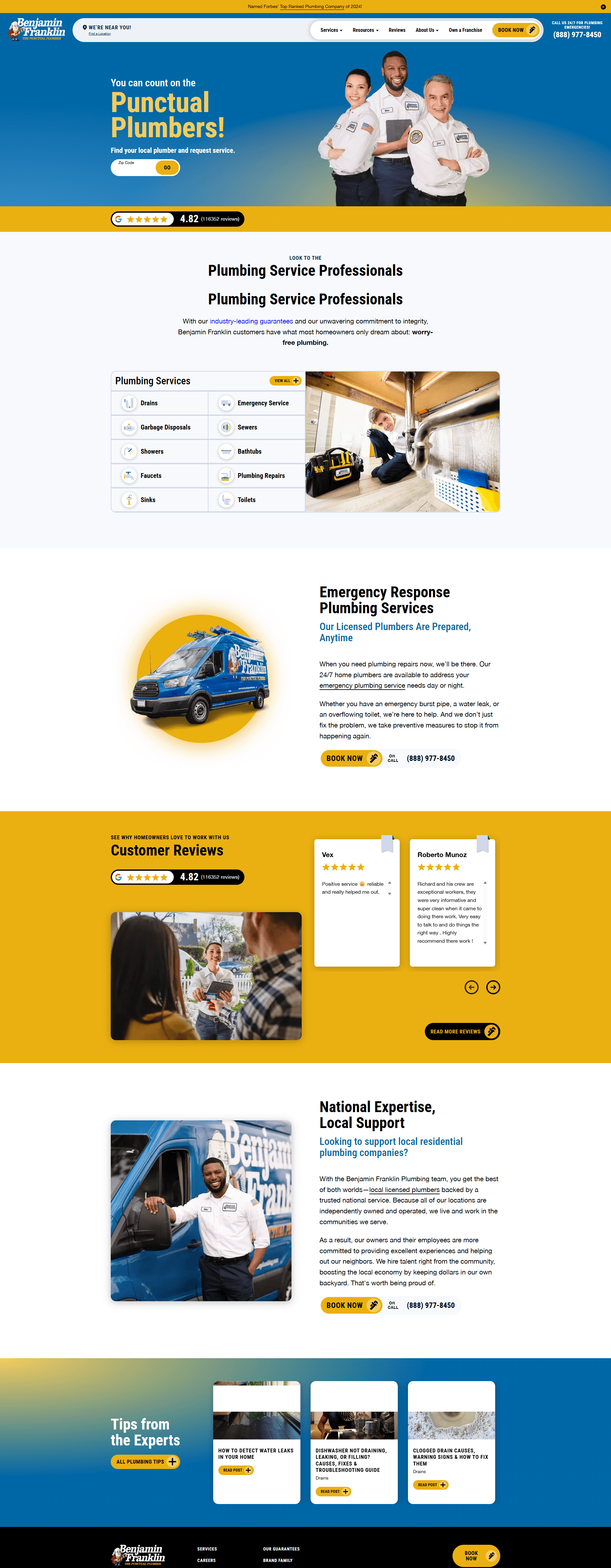 Benjamin Franklin Plumbing homepage screenshot - location lookup and trust presentation