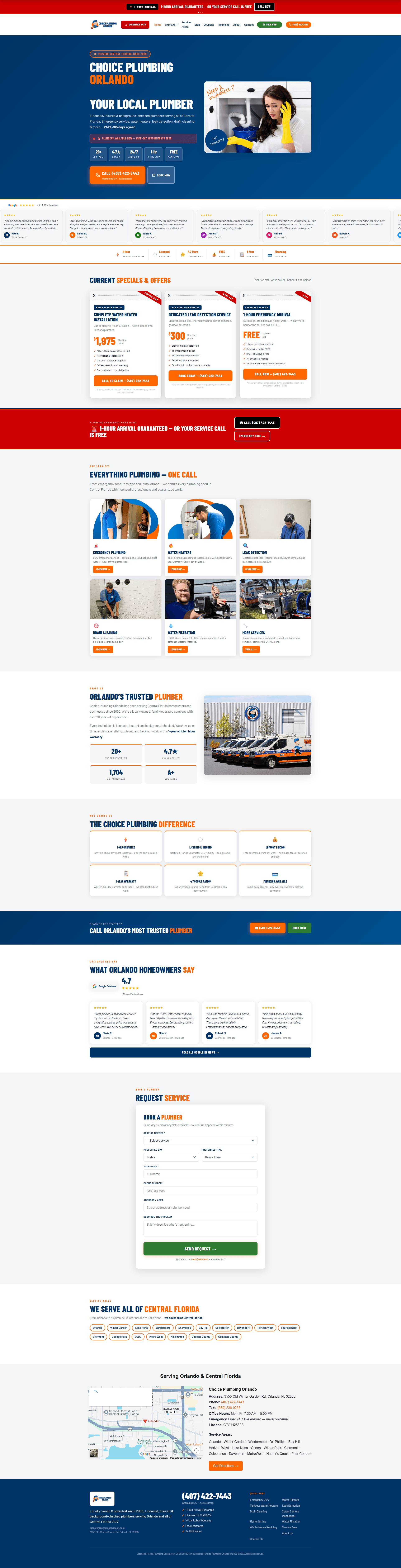 Choice Plumbing Orlando homepage screenshot - emergency contact and local service paths