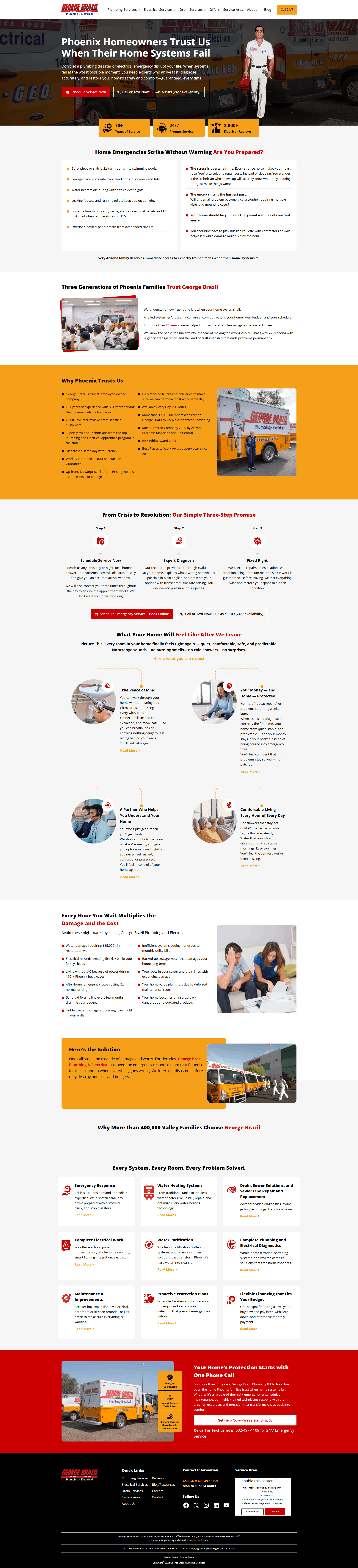 George Brazil Plumbing & Electrical homepage screenshot - service pillars and scheduling path
